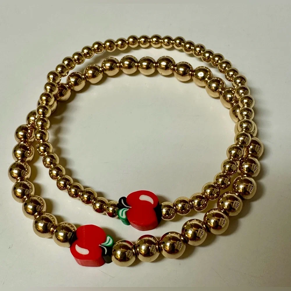 Teacher Apple Bracelet Set Gold Bead Stackable Bracelets Teacher Gift - Picture 1 of 4